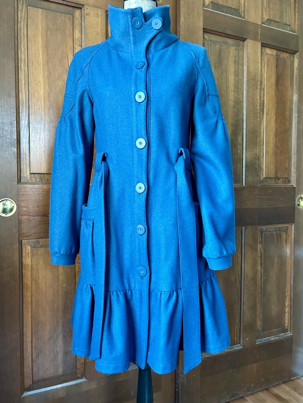 Nine West Blue Wool Blend Coat with Belt and Ruffle Hem - Picture 2 of 9